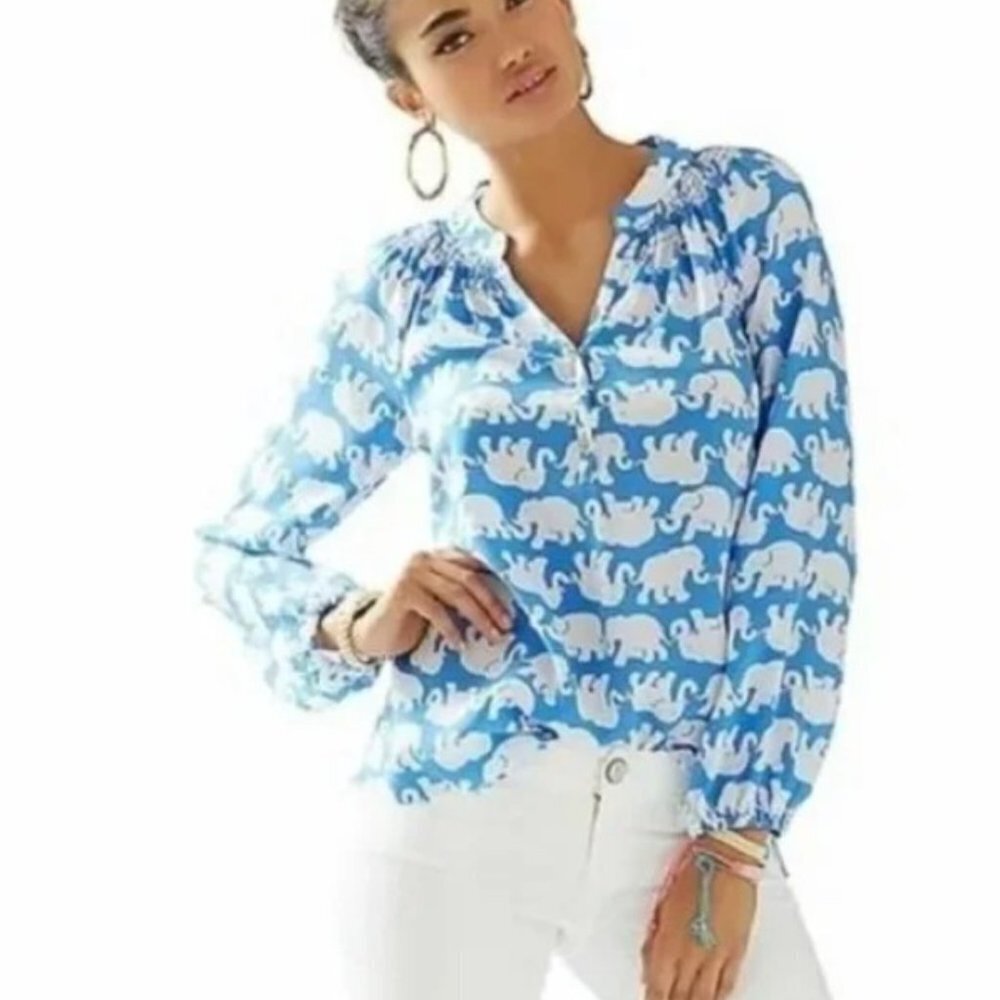 Lilly Pulitzer Elsa Silk Elephant Print Top